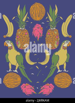Vector illustration with ara and fruit. Colorful design with parrots, pineapples, dragon fruits, bananas and coconuts. Stock Vector