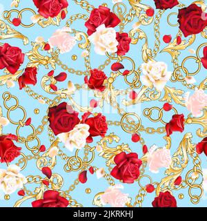 roses with gold chains on blue Stock Vector