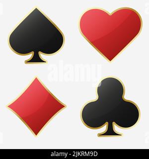 Hearts diamonds clubs spades sign realistic chips. Glossy playing card suit symbols with gold border. Vector illustration card sign on white isolated Stock Vector