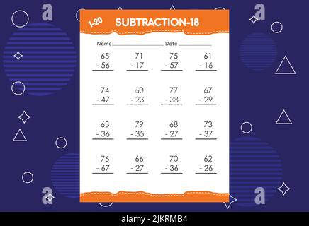 Subtraction worksheet for kids. Educational math activities worksheet for children Stock Vector