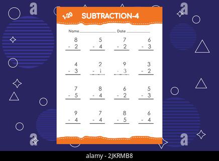 Subtraction worksheet for kids. Educational math activities worksheet for children Stock Vector