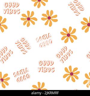 Love heart, daisies, waves of positivity retro 70s seamless pattern. Yellow, orange, red scattered heart shapes on a swirling background. Cool, groovy Stock Vector