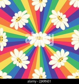 Retro Smile Chamomile Seamless Pattern on 1970 Wavy Swirl Seamless Pattern. Hippie Aesthetic. Floral wallpaper Stock Vector