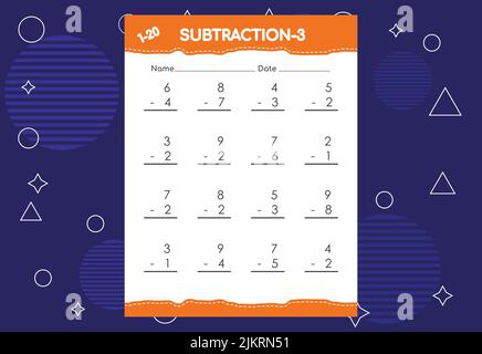 Subtraction worksheet for kids. Educational math activities worksheet for children Stock Vector