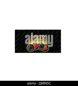 Poker tournament banner. Poker logo with playing card suit chips. Clubs, diamonds, spades, hearts on a black background. Vector illustration. Stock Vector