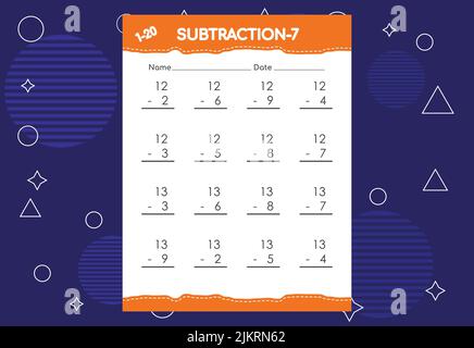 Subtraction worksheet for kids. Educational math activities worksheet for children Stock Vector