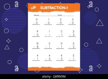 Subtraction worksheet for kids. Educational math activities worksheet for children Stock Vector