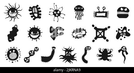 Microorganism virus vector cartoon bacteria germ character set. Bacterium illness infection collection microbiology illustration. Microbe pathogen monster organism black and white vector illustration Stock Vector