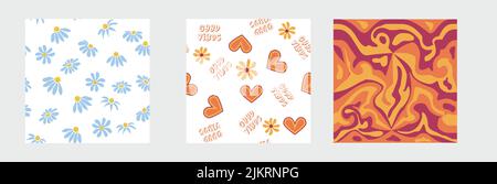 Set of retro 1970s seamless pattern. Floral, swirl, mushrooms, peace symbol, camomile, smile. Groovy design in the style of the seventies. Stock Vector