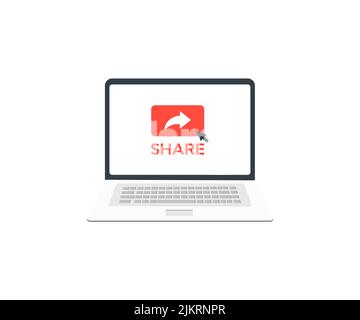 Sharing website page via share button  in laptop computer screen  logo design. Concept of social media advertising, online marketing internet. Stock Vector