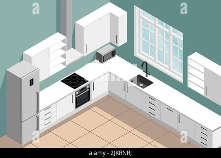 Kitchen interior vector isometric illustration Stock Vector