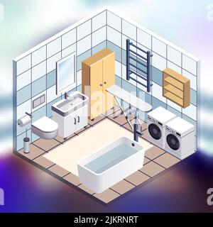Bathroom interior isometric illustration on colorful bright gradient background Stock Vector