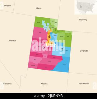 Utah state counties colored by congressional districts vector map with neighbouring states and terrotories Stock Vector