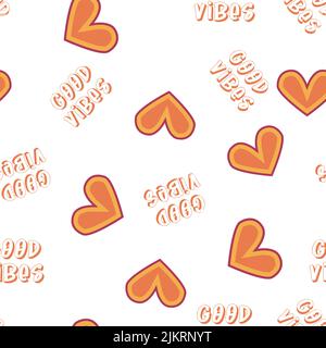 Love heart, daisies, waves of positivity retro 70s seamless pattern. Yellow, orange, red scattered heart shapes on a swirling background. Cool, groovy Stock Vector