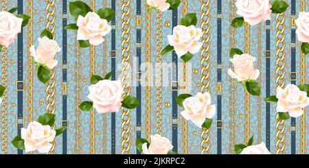 roses and gold chains on blue leopard Stock Vector