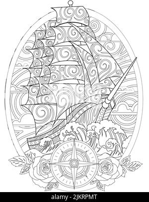 A large old ship sailing across the ocean with strong waves, roses and a compass in the front - great for coloring books and print Stock Vector