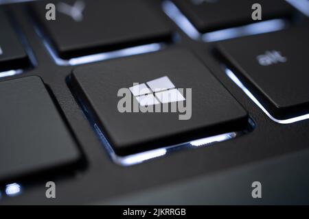 Closeup of the Windows key on an illuminated keyboard Stock Photo