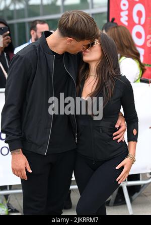 Stansted, UK. 03rd Aug, 2022. August 3rd, 2022. London, UK. Love Island contestants Luca Bish and Gemma Owen arriving at Stansted Airport. Credit: Doug Peters/Alamy Live News Stock Photo