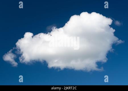 A white cumulus cloud against a dark blue daytime sky. A high resolution. Sample for copying. Stock Photo