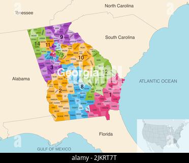 Georgia state counties colored by congressional districts vector map with neighbouring states and terrotories Stock Vector