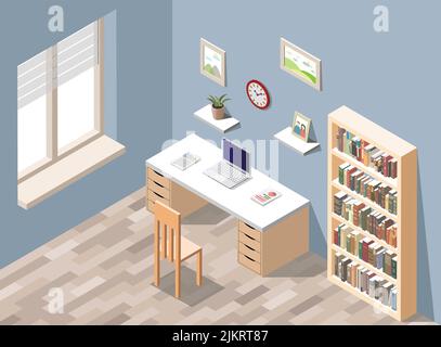 Office room interior vector isometric illustration Stock Vector