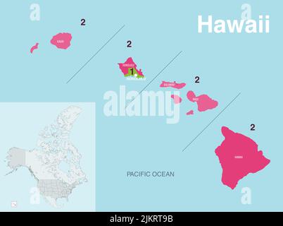 Hawaii state counties colored by congressional districts vector map with neighbouring states and terrotories Stock Vector
