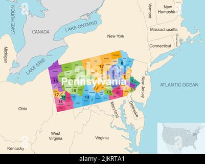 Pennsylvania state counties colored by congressional districts vector map with neighbouring states and terrotories Stock Vector