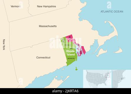 Rhode Island state counties colored by congressional districts vector map with neighbouring states and terrotories Stock Vector