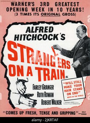 1961 re-release British Trade Ad for FARLEY GRANGER RUTH ROMAN and ROBERT WALKER in STRANGERS ON A TRAIN 1951 director ALFRED HITCHCOCK novel Patricia Highsmith screenplay Raymond Chandler Warner Bros. Stock Photo