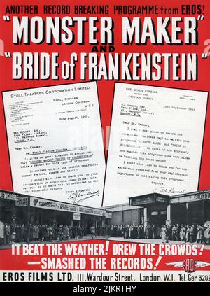 British Trade Ad from 1949 for the Horror Double Bill J. CARROLL NAISH in THE MONSTER MAKER director Sam Newfield (PRC) and BORIS KARLOFF COLIN CLIVE and VALERIE HOBSON in THE BRIDE OF FRANKENSTEIN director James Whale (Universal Pictures) distributed by Eros Films Ltd. Stock Photo