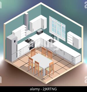 Kitchen interior isometric illustration on colorful bright gradient background Stock Vector