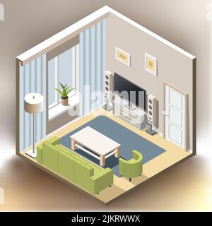 Living room interior isometric illustration on colorful bright gradient background Stock Vector