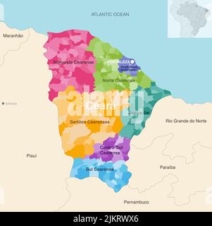 Brazil state Ceara administrative map showing municipalities colored by state regions (mesoregions) Stock Vector