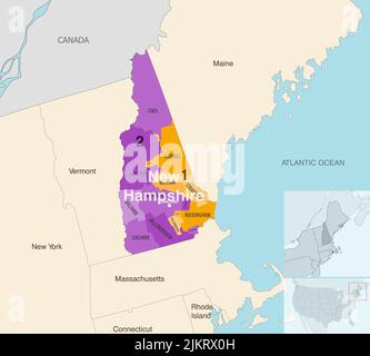 New Hampshire state counties colored by congressional districts vector map with neighbouring states and terrotories Stock Vector