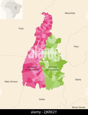 Brazil state Tocantins administrative map showing municipalities colored by state regions (mesoregions) Stock Vector