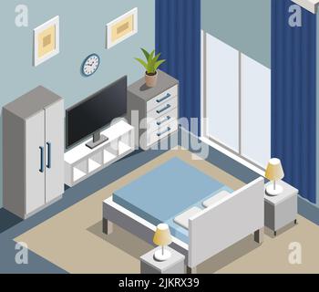 Bedroom interior vector isometric illustration Stock Vector