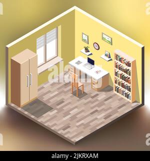 Office room interior isometric illustration on colorful bright gradient background Stock Vector