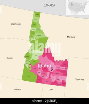 Idaho state counties colored by congressional districts vector map with neighbouring states and terrotories