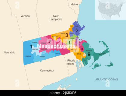 Massachusetts state counties colored by congressional districts vector map with neighbouring states and terrotories Stock Vector
