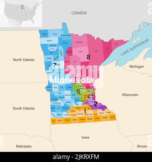 Minnesota state counties colored by congressional districts vector map with neighbouring states and terrotories Stock Vector