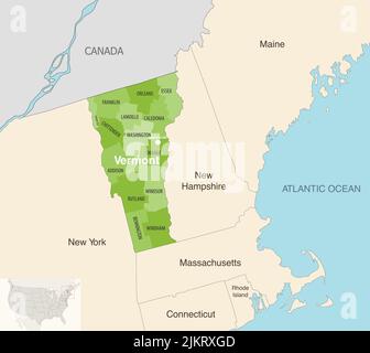 Vermont state counties vector map with neighbouring states and terrotories Stock Vector