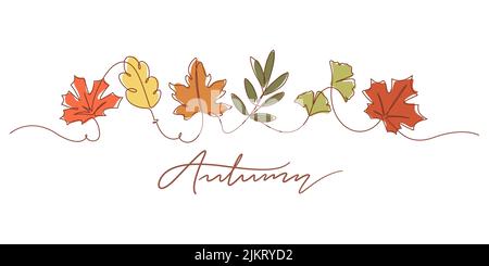 One line drawing of autumn leaf. Autumn script font and leaves isolated on white background vector illustration. Stock Vector