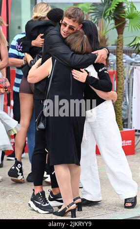 Stansted, UK. 03rd Aug, 2022. August 3rd, 2022. London, UK. Love Island 2022 contestant Luca Bish with friends and family at Stansted Airport. Credit: Doug Peters/Alamy Live News Stock Photo