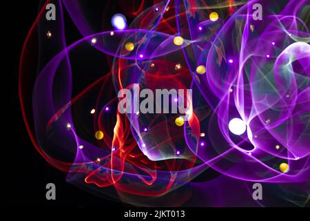 Red and violet representation of galactic dust clouds. Universe in colors. System of suns and planets created with light painting. Stock Photo