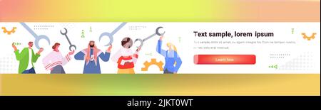 developers team carrying wrench programmers creating website ui web development program software optimization Stock Vector