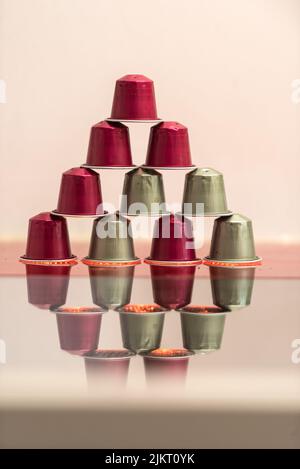 vertical photo of pyramid of Italian coffee pods Stock Photo