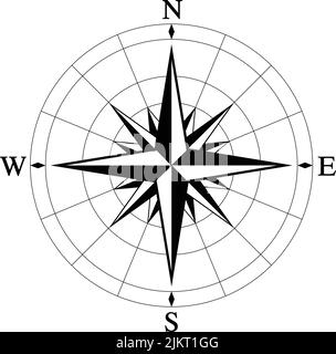 Classic vintage wind compass rose on map background drawn in retro ...