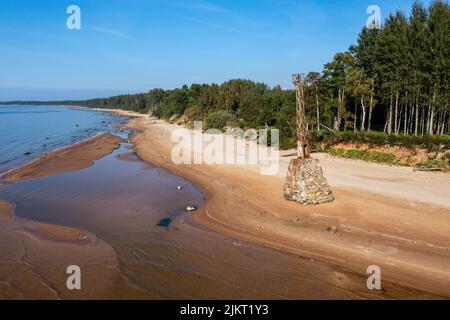 old ruins of Kurmrags Lighthouse on the shore of the Rigas Gulf, Baltic sea, Latvia, aerial view Stock Photo