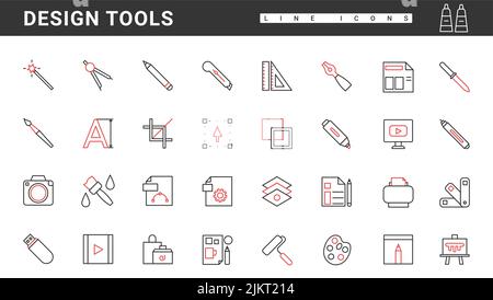 Digital design tools thin red and black line icons set vector illustration. Abstract paint brush and crop, pencil and pen cursor manipulation, software shop for portfolio and graphic projects Stock Vector