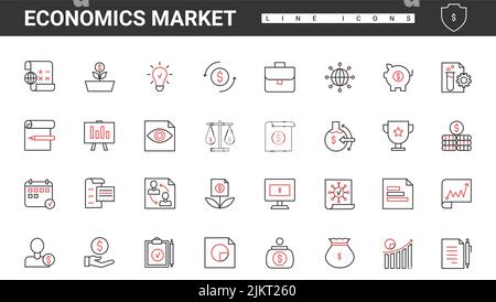 Economics, statistics and stock market signs for accountant work, thin red and black line icons set vector illustration. Abstract financial data graphs and charts rise up, profit analysis presentation Stock Vector